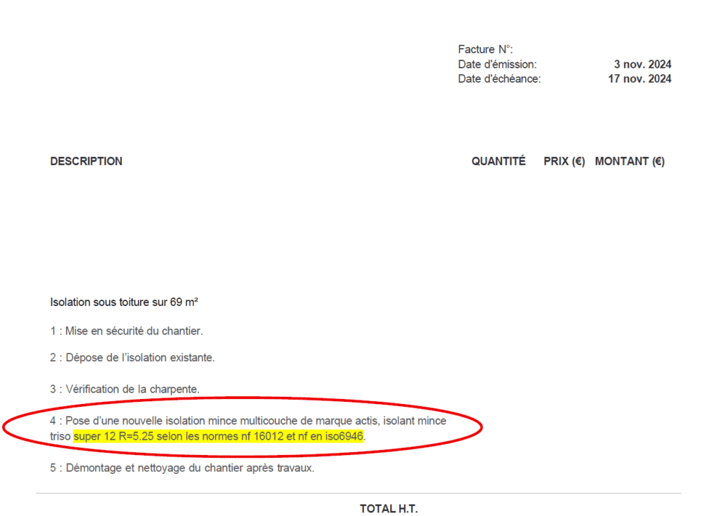 Extrait d'une facture d'artisan montrant la pose d'un isolant mince avec une résistance thermique annoncée de 5,25 mais sans le certificat ACERMI exigé pour le DPE.
